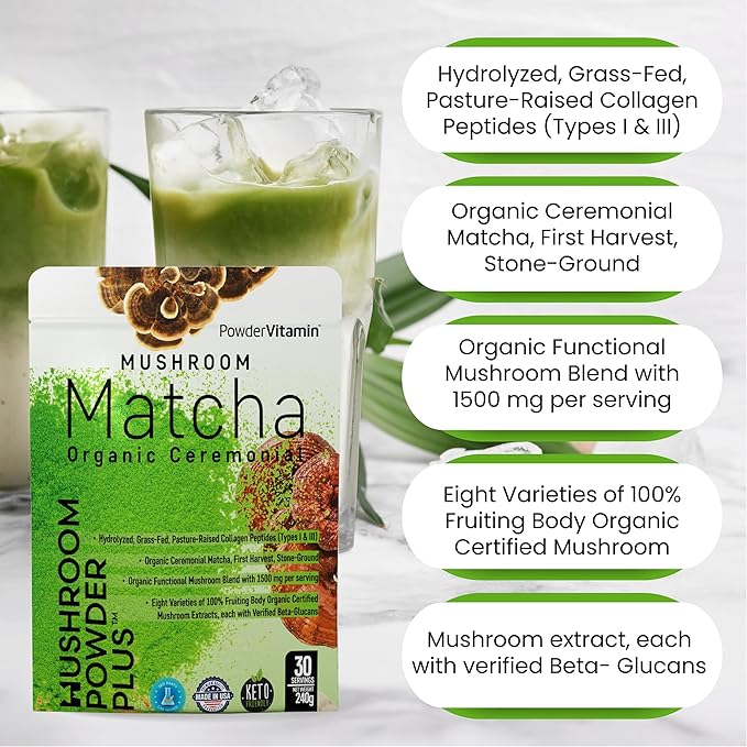 PowderVitamin Organic Ceremonial Mushroom Matcha Certified Pesticide-Free Grass-Fed Collagen Types I & III 8 Fruiting Body Mushrooms Tested for Beta-Glucans Focus Digestion & Immunity 30 Servings