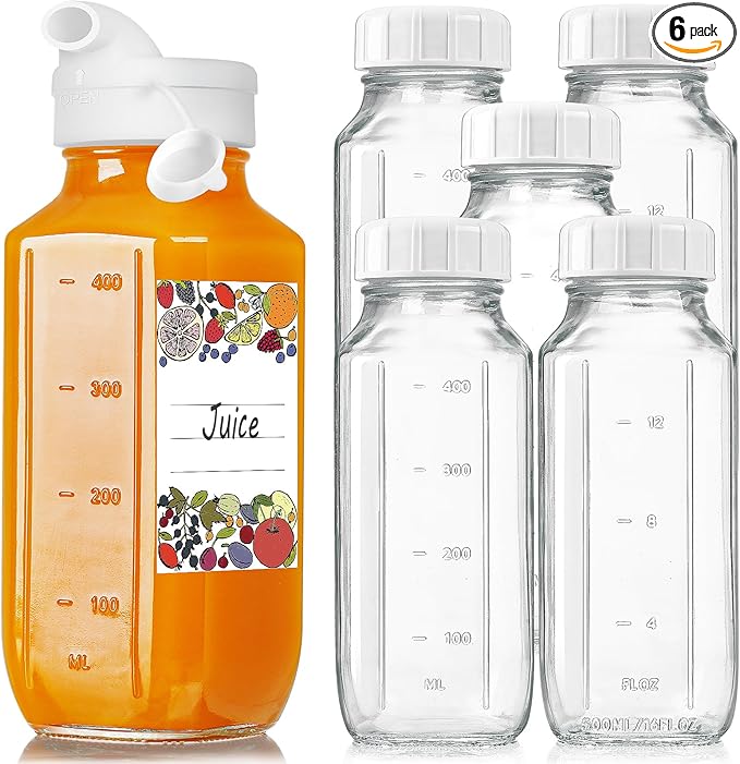 6 Pack 16 Oz Glass Juice Bottles with Pour Spout, 100% Airtight Heavy Duty SCREW Lid- Reusable Glass Milk Bottles w Capacity Mark, Square Drinking Jar Juice Container Breast Milk Pitcher(Extra 2 Lid)