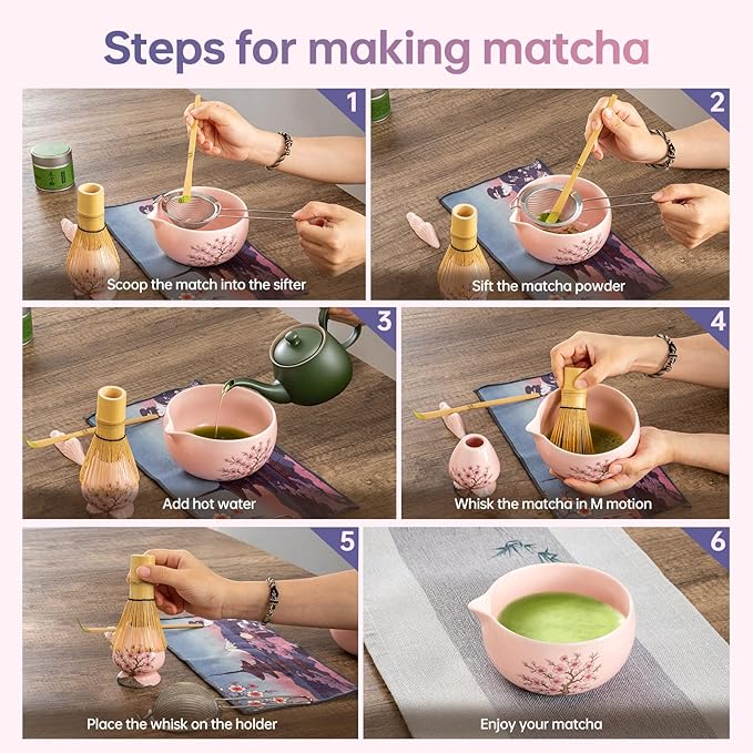 DELLAN Matcha Whisk Set, Cherry-Blossom Matcha Set Making Kit Includes Ceramic Matcha Bowl, Whisk and Holder, Bamboo Scoop, Scoop Rest, Sifter, Greeting Card and Tea Towel - 8 Pcs Matcha Set Pink