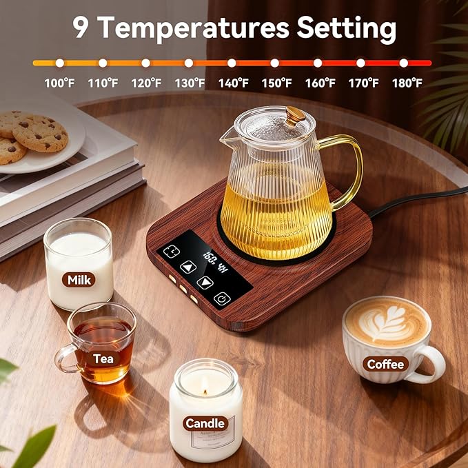 Coffee Mug Warmer & Mug Set for Desk, 36W Electric Coffee Cup Warmer with 16oz Cup, 9 Temp Settings, 1-12H Timer Auto Shut Off Heated Mug Plate, Home Office Desk Accessory, Gifts for Women Men, Wood