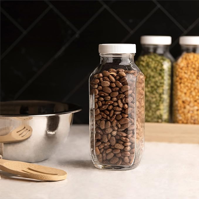 kitchentoolz 16oz Square Glass Milk Bottles with Airtight Plastic Lids – Pack of 4 | Reusable Milk Containers for Fridge & Lunchbox Storage – Ideal for Dairy, Smoothies, Juice, Water & More