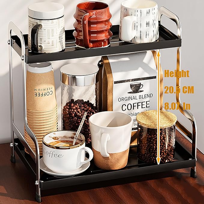 KISKIS Coffee Mug Cup Holder Space Saving 2-Tier Sturdy Stable Metal Storage Shelf, Prevent Falling Scratch Resistant Kitchen Rack Office Bathroom Desktop Organizer,White