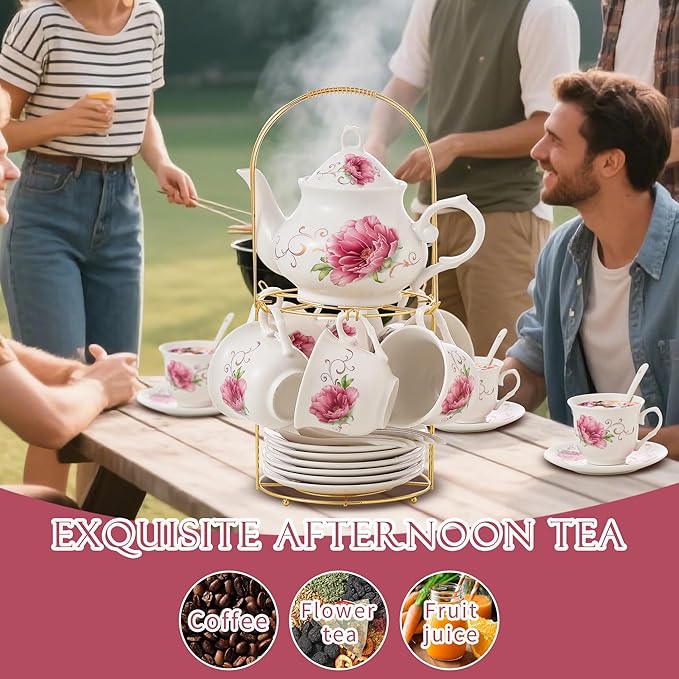 20-Pieces Tea Set For Adult with Golden Metal Rack,Porcelain Tea Sets For Women,Tea Gift Sets for Home&Party(015)