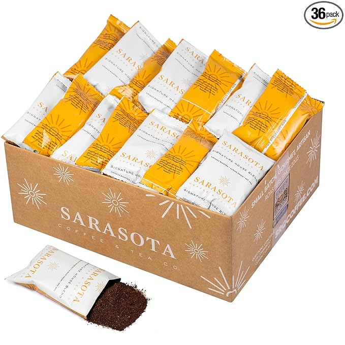 Sarasota Coffee Ground Packets | Gourmet Medium Roast Bulk Coffee Packs | Breakfast Blend | Low Acid Mold Free Singles Individual Pouches for 12 Cup Coffee Maker | 2.5 Ounce Bags, 36 Count