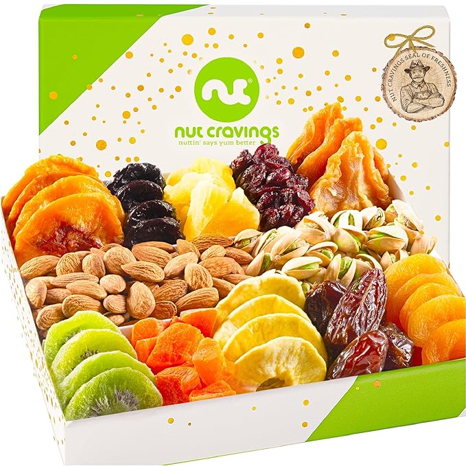 NUT CRAVINGS - Thanksgiving Dried Fruit & Mixed Nuts Gift Basket in White Gold Box (12 Assortments) Holiday Xmas Christmas Food Arrangement, Healthy Snack Care Package, Food Assortments
