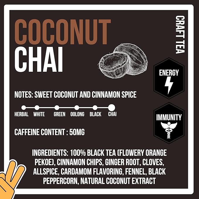 Revival Tea Company Coconut Chai Tea - Black Tea Blend with Fresh Spiced Chai and Coconut Flavor - 24 Tea Bags