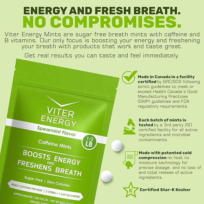 Viter Energy 40mg Caffeine Mints - Sugar Free, B Vitamins, Vegan, Boosts Fast Energized Alert Focus, Caffeinated Nootropic Supplement Pills (Spearmint Flavor, 8oz, Bulk Bag)