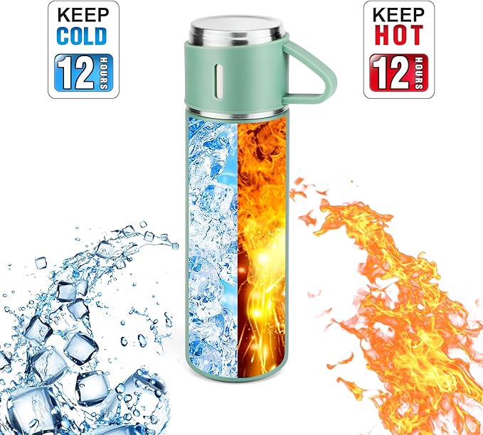 Stainless Steel Thermo 500ml/16.9oz Vacuum Insulated Bottle with Cup for Coffee Hot drink and Cold drink water flask.(Green,Single)