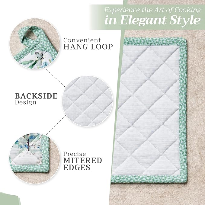 Maison d' Hermine 100% Cotton Oven Mitt & Pot Holder Set (7.5"x13" & 8"x8") Heat Resistant BBQ Cooking Gloves with Loop, Baking, Grilling, Kitchen, Handling Hot Pans (Snowy World)