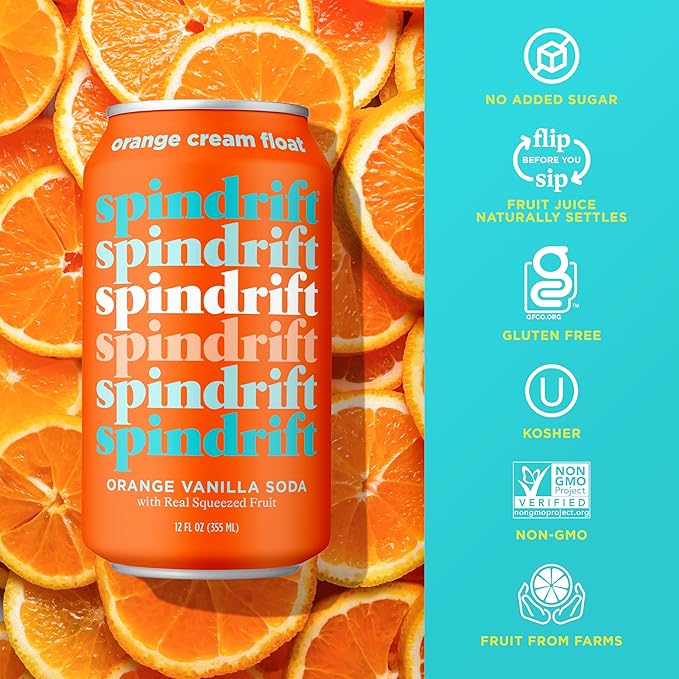 Spindrift "Orange Cream Float" Orange Vanilla Soda Made with Real Squeezed Fruit 12 Pack Case