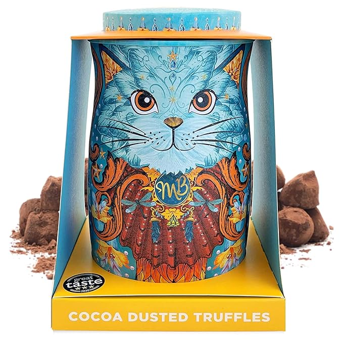 Monty Bojangles Spirit Blue Cocoa Dusted Truffles Cat Tin (4.37 oz) - Coconut Crush Luxury Chocolatey Truffles - Collectable Cat Tin Chocolate Gift