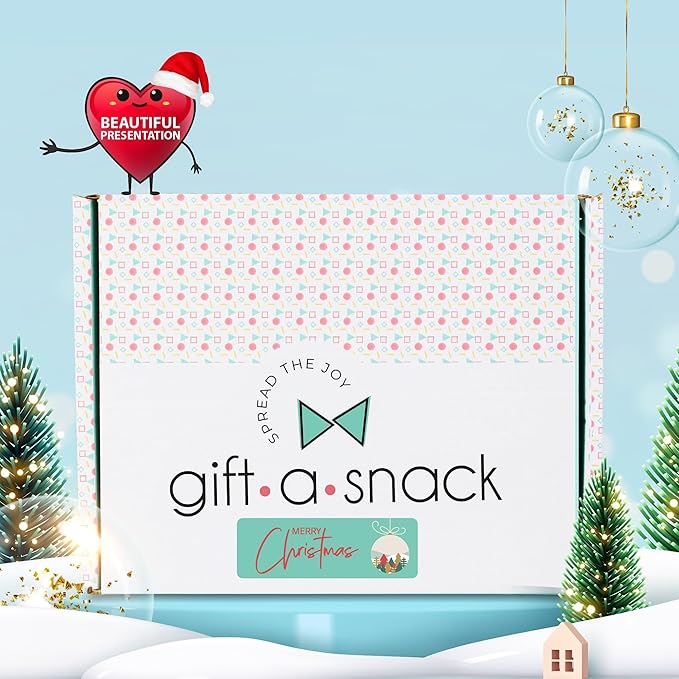 Gift A Snack - Christmas Candy Stocking Stuffers, Pre-filled Holiday Snack Box Care Package + Greeting Card (45 Count) Sweet Treats Gift Basket, Candies Chips Food Assortments & Variety Gifts