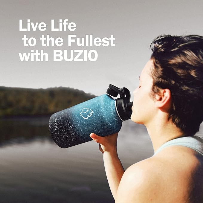 BUZIO 64 oz Water Bottle Insulated with Straw & 3 lid and Carrying Pouch, Leak Proof Half Gallon Stainless Steel Water Flask Jug, Cold for 48 Hrs Double Vacuum Thermo Canteen, BPA-Free, Starry Indigo