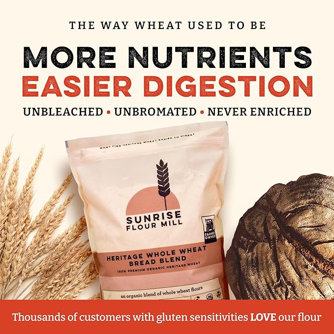 Sunrise Flour Mill Heritage Whole Wheat Bread Blend - 2 lb | USDA Organic All Purpose Flour Unbleached - Non-GMO, Kosher, Grown Without Glyphosate, Ancient Grains, Bread Flour Organic.