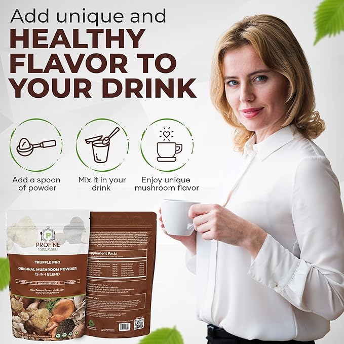 PROFINE Truffle PRO Mushroom Powder 12- in - 1 Super Blend with Black Truffle and White Truffle - USDA Organic - Supplement - Add to Coffee/Tea/Smoothies - Whole Mushrooms - No fillers