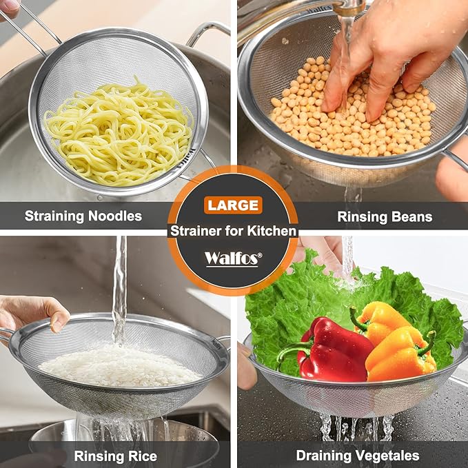 Walfos Large Fine Mesh Strainer 9.5" & 8", Stainless Steel Mesh Sieve with Sturdy Handle, Kitchen Metal Food Strainers for Quinoa, Rice, Pasta, Fruits, Vegetables, etc., Set of 2