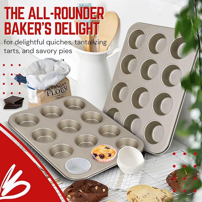 Flexzion Muffin Tray Cupcake Baking Pan 2 Pack, 12-Cup Nonstick Carbon Steel Muffin Tin Non-Stick Cupcake Tin Bakeware Accessories for Baking Cupcake Muffin Brownies Snack, Fridge Safe, Champagne Gold