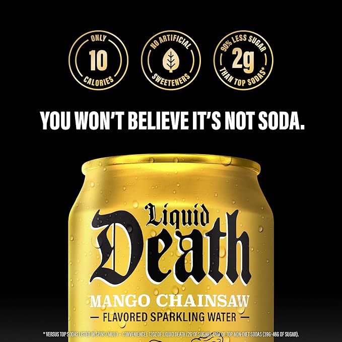 Liquid Death, Mango Chainsaw, Soda-Flavored Sparkling Water, 12-Pack (12oz Cans), Low Sugar, Huge Flavor & No Artificial Sweeteners
