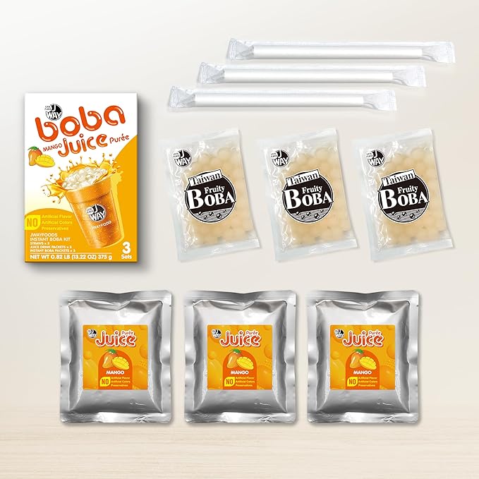J WAY Instant Boba Bubble Pearl Mango Juice Drinks Kit with Authentic Crystal Tapioca Boba, Ready in Under One Minute, Paper Straws Included, 3 Servings