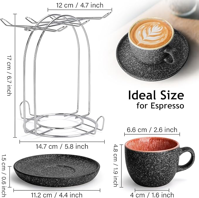 MIAMIO – 2.7 Oz Ceramic Stackable Espresso Cups with Saucers and Metal Stand, Set of 6 Espresso Cup, Demitasse Cups, Coffee Mugs for Espresso, Latte, Café Mocha & Tea – Las Palmitas Collection