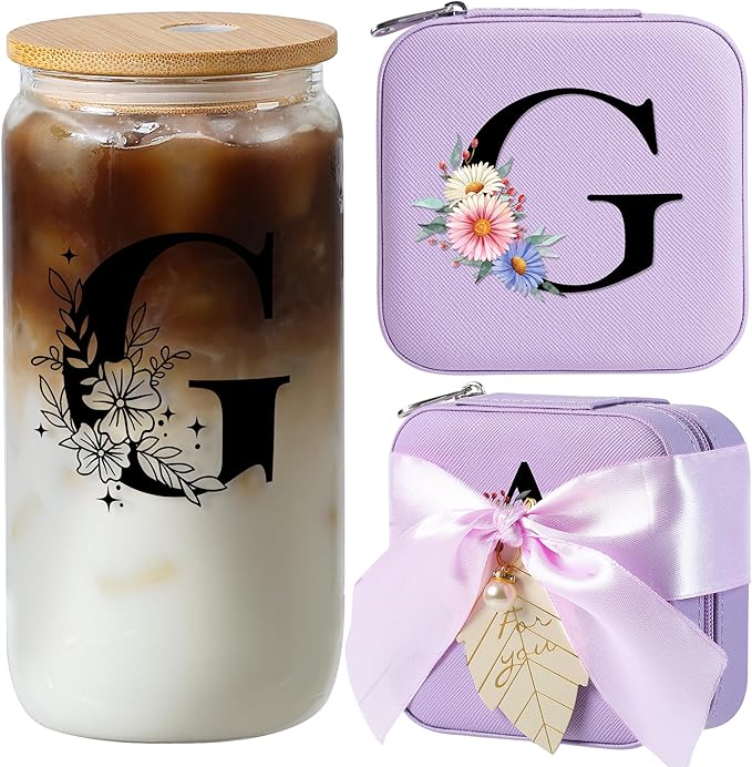 AYGXU Travel essential jewelry box,16oz Glass Cups with Bamboo Lids and Straws set,Personalized Jewelry Boxes for Women Girls,Travel Gifts for Women,Birthday Gifts for Girls,Initial G purple