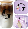 AYGXU Travel essential jewelry box,16oz Glass Cups with Bamboo Lids and Straws set,Personalized Jewelry Boxes for Women Girls,Travel Gifts for Women,Birthday Gifts for Girls,Initial G purple