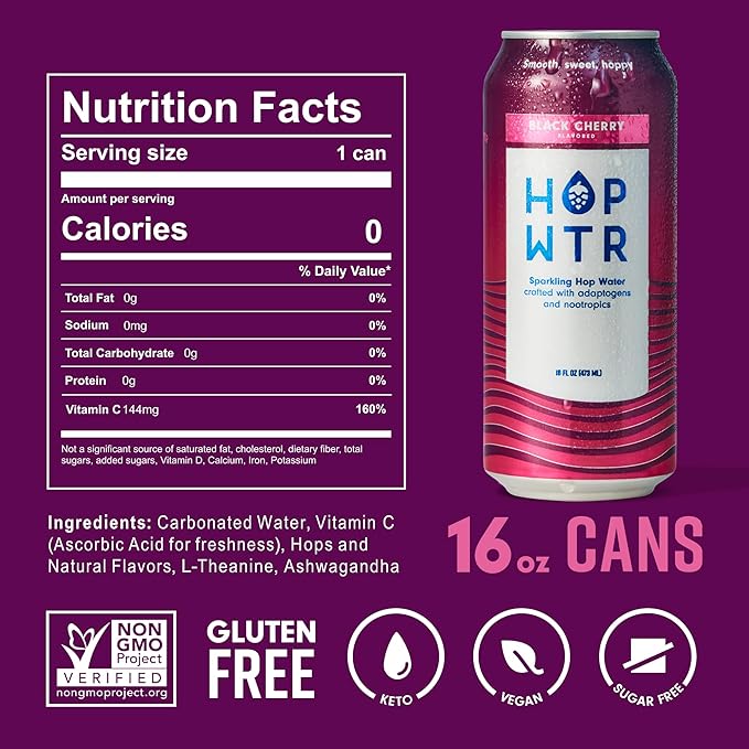 HOP WTR Sparkling Hop Water, Black Cherry 12 Pack, Sugar Free, Low Carb Non Alcoholic Drinks, NA Beer, Adaptogen Drink, No Calories, Adaptogens & Nootropics for Added Benefits, 16 oz Cans