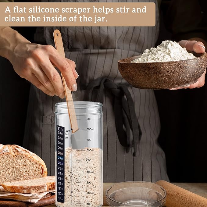 Sourdough Starter Jar, 1000ML Sourdough Starter Kit with Date Marked Feeding Band, Thermometer, Cloth Cover & Metal Lid, Reusable Sourdough Bread Baking Supplies, Home Baking Supplies