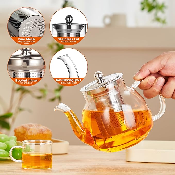 1100ml Glass Teapot with Removable Infuser,37oz Borosilicate Clear Tea Kettle,Stovetop Microwave Safe,Blooming and Loose Leaf Tea Maker Gift