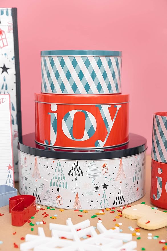 Steel Mill & Co Tin Containers with Lids, 3 Pack Christmas Cookie Tins, Festive Cookie Tins for Gift Giving & Holiday Treats, Round Metal Nesting Containers, Large Medium Small, Joy Plaid