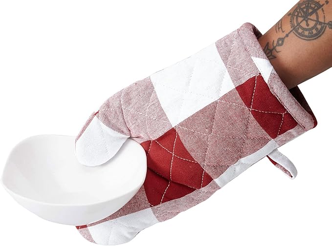 Encasa XO Long 12"x7" Oven Microwave Hand Gloves Mitts (2 pc Set) for Kitchen Cooking & Baking - Heat Resistant, Thick & Safe, Protection of Hands from Hot Utensils - Buffalo Red Checks