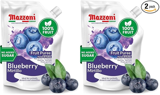 Mazzoni Blueberry Puree, 100% Pure Blueberries, Just Fruit, No Sugar Added, 2.2 lbs (35.2 oz) RMixer for Cocktails, Drinks, Smoothies. Convenient Pouch, Made in Italy (Pack of 2)