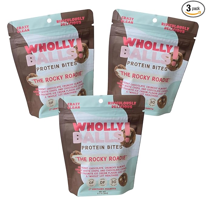 Wholly Balls Protein Bites – Healthy Plant-Based Snack | High Protein, Low Sugar, Gluten-Free Energy Balls (Pack of 3, Rocky Roadie)