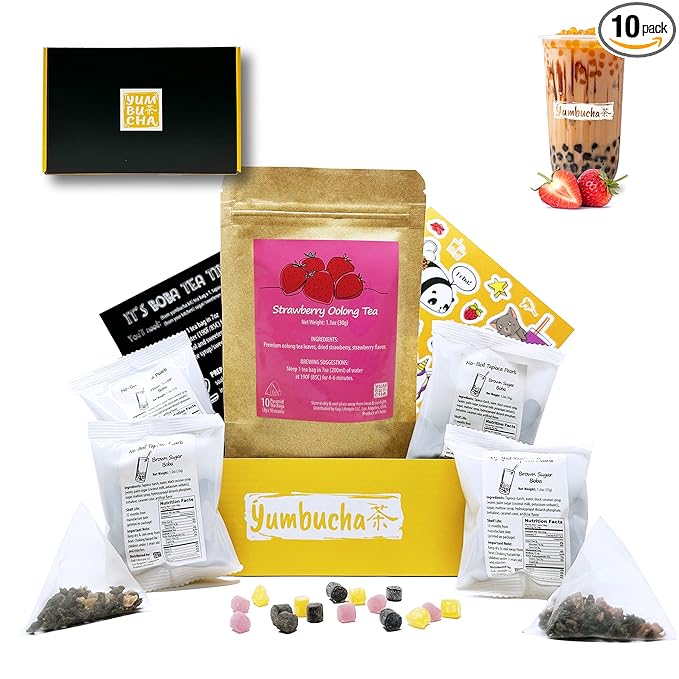 YUMBUCHA Boba Kit Set - DIY Boba Tea Making Kit with Strawberry Oolong & Tapioca Pearls - Create 10 Delightful Drinks - Exquisite Loose Leaf Teabags Included - Boba Tea Gift Set for Tea Lovers