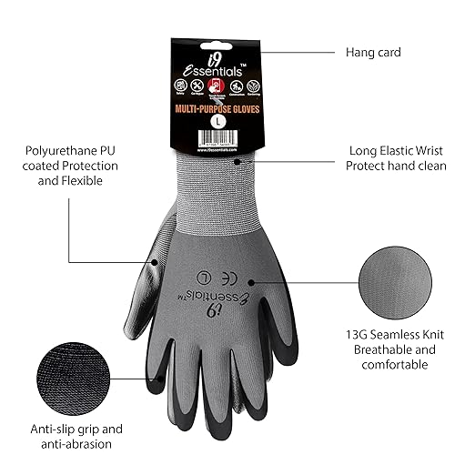I9 Essentials Safety Work Gloves – 12 Pairs MicroFoam Nitrile Coated, Seamless Nylon Knit Grip Gloves for Construction, Home Improvement, Gardening, Mechanics, Automotive – Large, Breathable