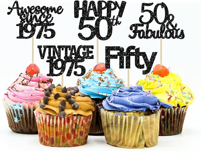 Gyufise 30Pcs Vintage 1975 Cupcake Toppers 50th Birthday Cake Decorations Cheers to 50 Fabulous Fifty Cupcake Picks 50th Birthday Wedding Anniversary Party Cake Decorations Supplies Black