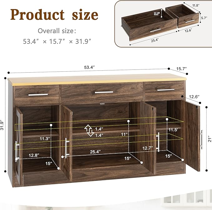 Vongrasig 53' Large Sideboard Cabinet with 4 Doors and 3 Drawers, Farmhouse Buffet Table Coffee Bar Kitchen Storage Cabinet, Wood Cabinet for Kitchen, Dining Room, Rustic Brown