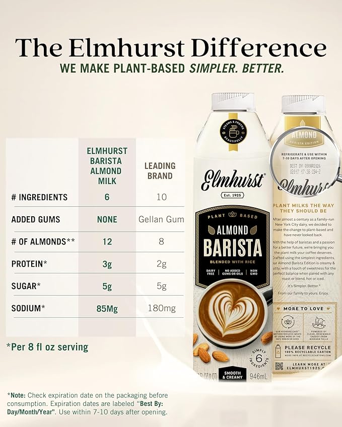 Elmhurst 1925 Almond Milk Barista Edition – 32oz (6-Pack) Plant-Based, Vegan, Dairy-Free, Kosher, Gluten-Free, Non-GMO, Froths for Lattes & Iced Coffee, 3g Protein per Serving, Simple Ingredients