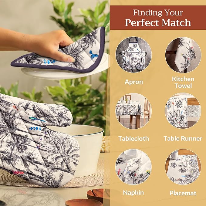 Maison d' Hermine 100% Cotton Oven Mitt & Pot Holder Set (7.5"x13" & 8"x8") Heat Resistant BBQ Cooking Gloves with Loop, Baking, Grilling, Kitchen, Handling Hot Pans (Amazonia)