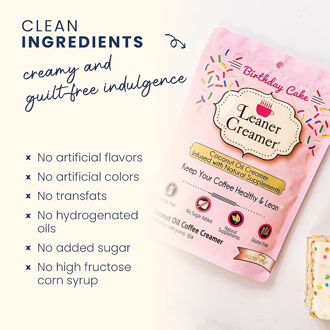 Leaner Creamer Coconut Creamer with Superfood Ingredients – Non-Dairy, Sugar-Free, Keto, Gluten-Free Powdered Coffee Creamer – Birthday Cake – 280g