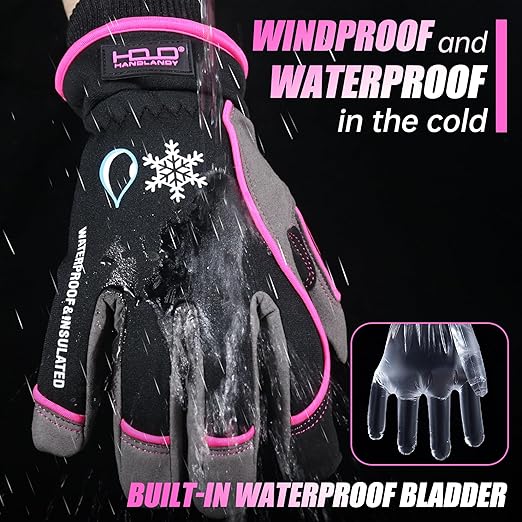 HANDLANDY Waterproof Insulated Work Gloves, 3M Thinsulate Thermal Winter Gloves for Men Women Touch Screen, Warm Ski Snowboard Cold Weather Gloves (Medium, Pink)