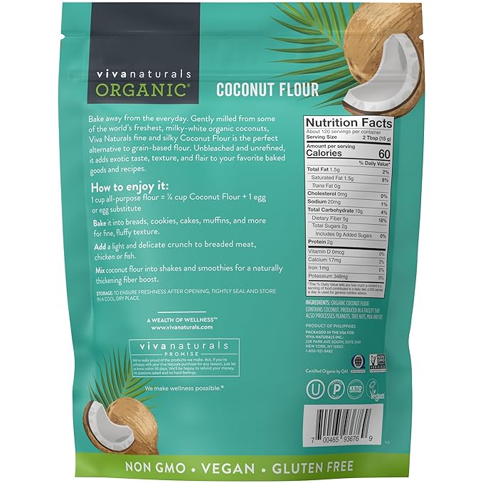 Viva Naturals Organic Coconut Flour (4 lbs) - Gluten Free Flour Substitute for Keto, Paleo and Vegan Baking, Low Fat and Good Source of Fiber Coconut Baking Flour, Non-GMO, Unbleached and Unrefined, 1.81 kg