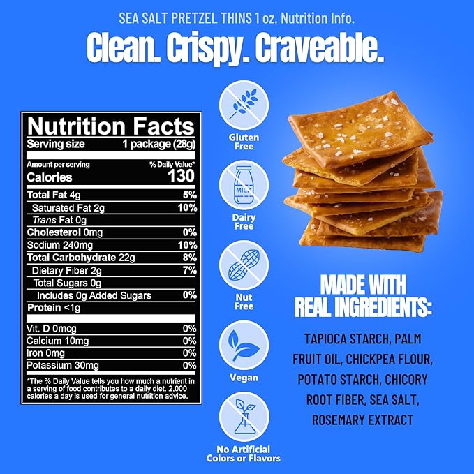 Every Body Eat Snack Thins, Gluten & Grain Free, Vegan, School Safe Lunch Snacks, Pretzel (20 Single Serve Bags, 1oz)