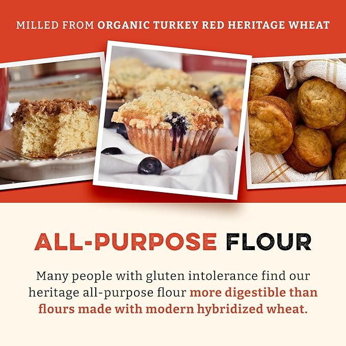 Sunrise Flour Mill Heritage Organic White Flour | USDA Organic All Purpose Flour Unbleached - Non-GMO, Kosher, Grown Without Glyphosate, High Protein for Baking, Unbromated White Wheat (80 Ounce (Pack of 1))