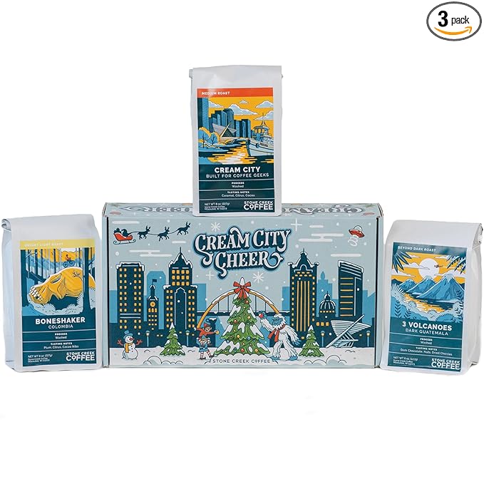 Stone Creek Coffee Cream City Cheer Box (Dark, Medium and Light Roast, 8 Oz) – Whole Bean Coffee Sampler, Holiday Limited-Edition Gift Set, Bright, Smooth and Bold Fresh Roasted Coffee Beans