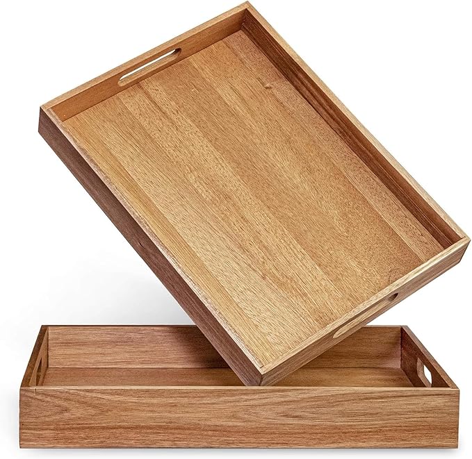 Acacia Wood Serving Tray with Handles Set of 2 – Decorative Serving Trays Platter for Breakfast in Bed, Lunch, Dinner, Patio, Ottoman, Coffee Table, BBQ, Party –Great for Lap &Couch