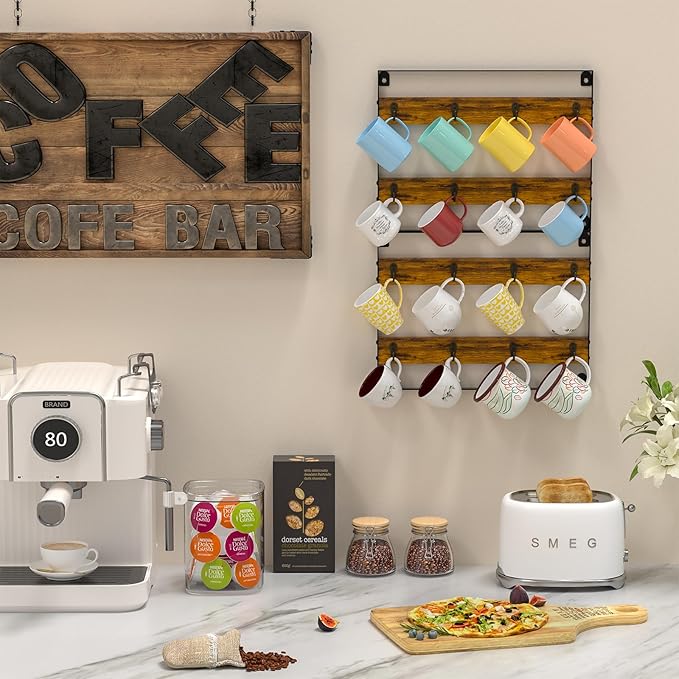 Coffee Mug Holder Rack Organizer - Wall Mounted Rack to Hold Up to 16 Mugs (2Pack), Rustic Wood Cup Organizer Rack & Display Shelf for Kitchen, Coffee Bar, Home, Office
