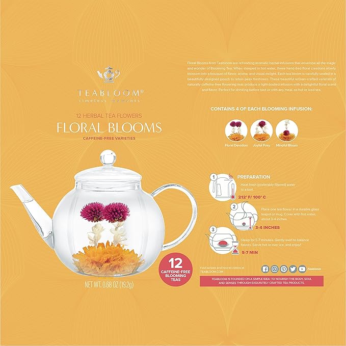 Teabloom Caffeine-Free Petite Blooming Teas - Gift Canister of 12 Assorted Flowering Teas - Ideal with Teabloom Borosilicate Glass Cups or Smaller Teapots