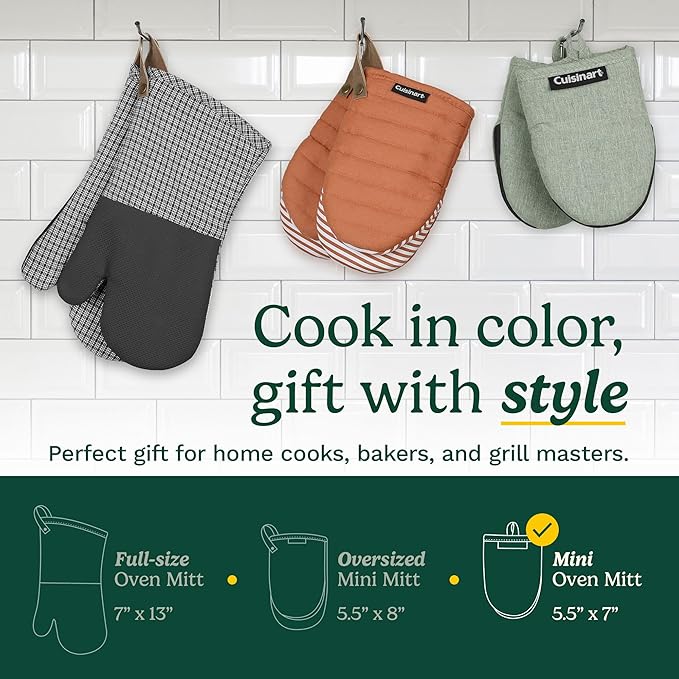 Cuisinart Mini Oven Mitts – 5.5” x 7” Heat-Resistant Kitchen Mitts for Oven with Non-Slip Neoprene Palm, Cotton Filling, and Fabric Loop – Durable Oven Mitt Set for Cooking & Baking (Light Gray)