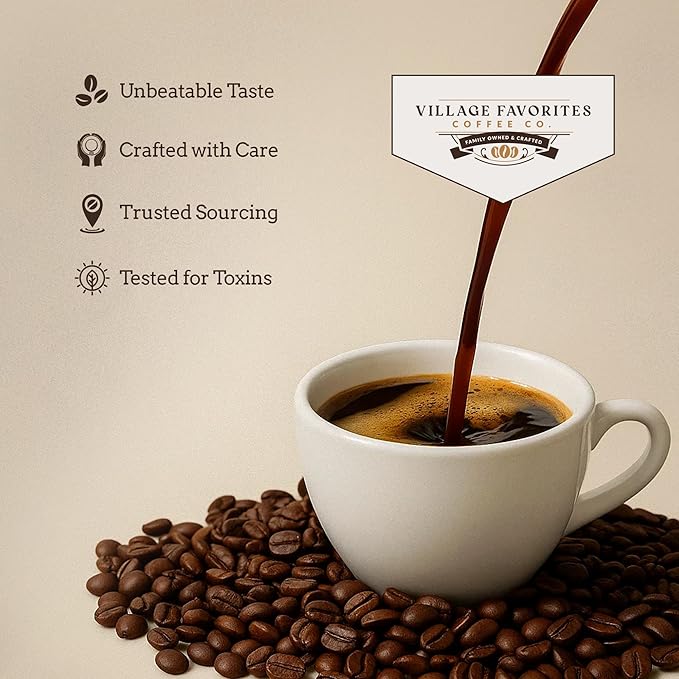 Village Favorites Flavored Coffee – Low Acid, Mold-Free, 100% Arabica, Slow Roasted Medium Roast, Smooth & Stomach Friendly, Ground, 1LB Bag (16oz)- Kosher (16oz, Bourbon Pecan)